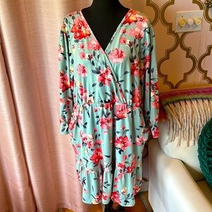 Floral Jersey Knit Cross Front Dress w/Pockets